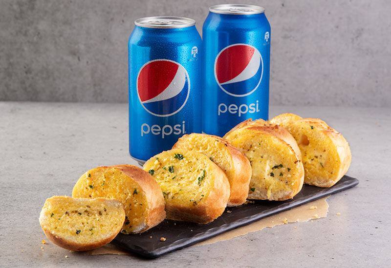 2 375ml Cans & Garlic Bread Domino's Pizza