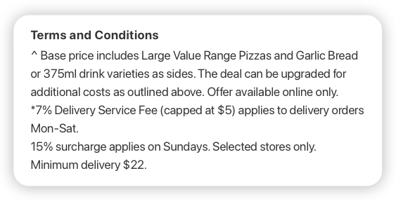 Image of two pizzas and two garlic breads with the text 2 Pizzas and 2 Sides from $17 Pick Up